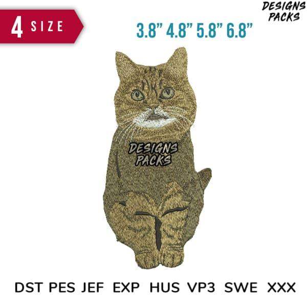 Embroidery design of a sitting tabby cat in 4 sizes, compatible with DST PES JEF formats for machine embroidery.