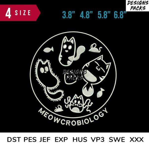 Meowcrobiology cat embroidery design in 4 sizes, compatible with DST PES JEF formats for instant download