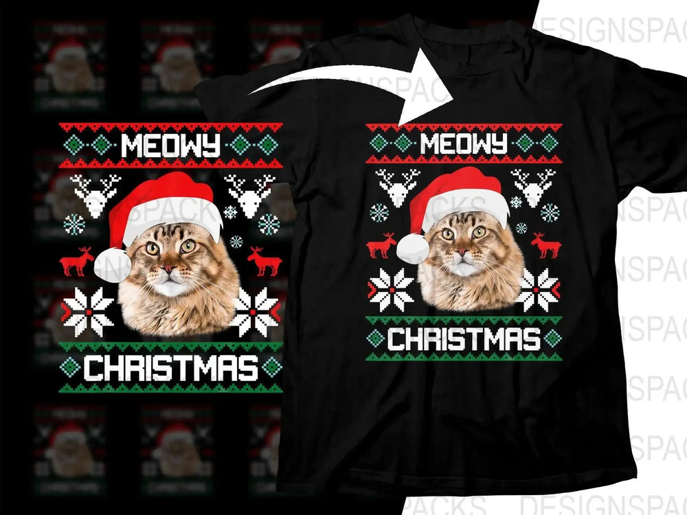 Meowy Christmas Cat with Santa Hat Graphic Png Digital Download
