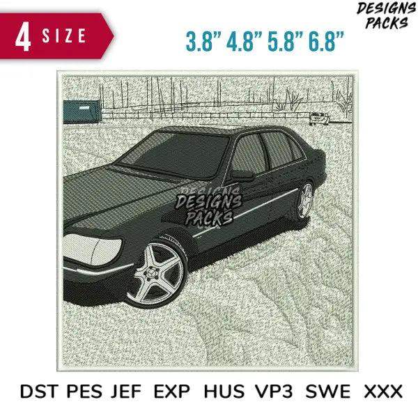 Embroidery design of a black car with 4 size options, compatible with DST PES JEF formats