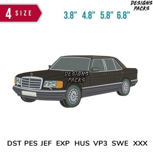 Classic luxury car embroidery design in 4 sizes, compatible with DST PES JEF formats for instant download