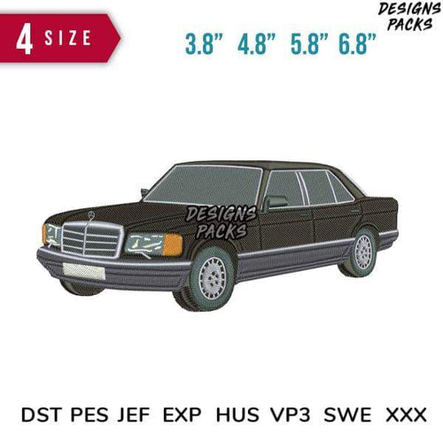Classic luxury car embroidery design in 4 sizes, compatible with DST PES JEF formats for instant download