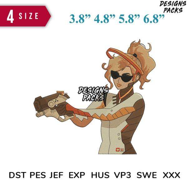 Embroidery design of a character with sunglasses and weapon, available in multiple sizes and formats