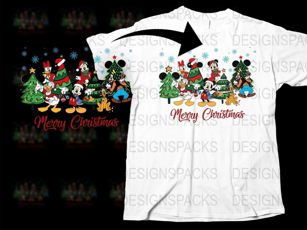 Disney Christmas T-Shirt, Cute Cartoon Characters Holiday Tee, Merry Christmas Tree Design, Kids and Adults Sizes Available