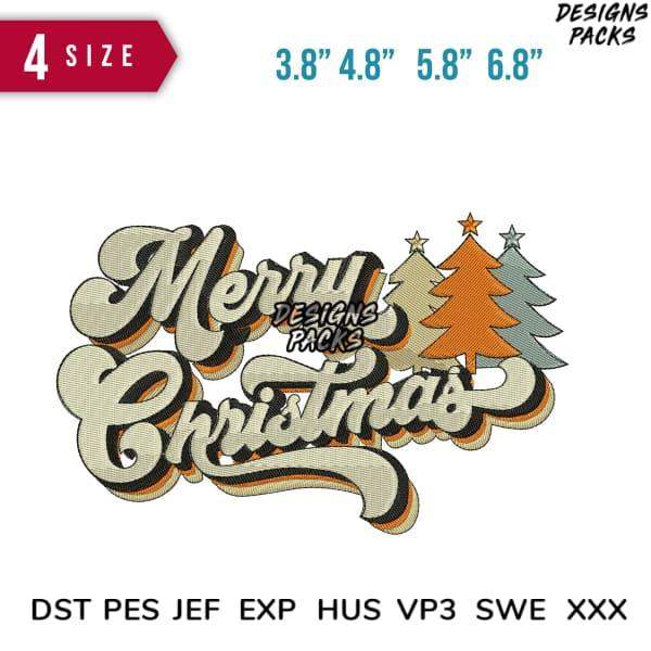 Merry Christmas embroidery design with trees, available in multiple sizes and formats