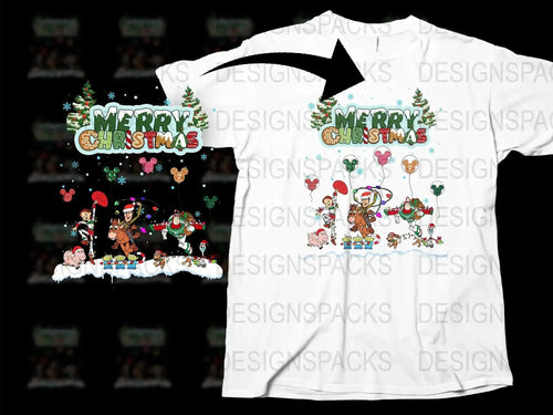 Merry Christmas T-Shirt, Festive Holiday Graphic Tee, Cartoon Reindeer and Santa Design, Unisex Adult Clothing