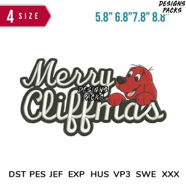 Merry Cliffmas embroidery design with red dog, available in multiple sizes and formats