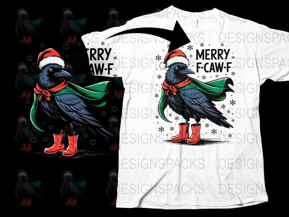 Merry Caw-F Crow Christmas T-Shirt, Festive Bird with Santa Hat, Holiday Apparel, Unique Christmas Gift, Unisex Graphic Tee