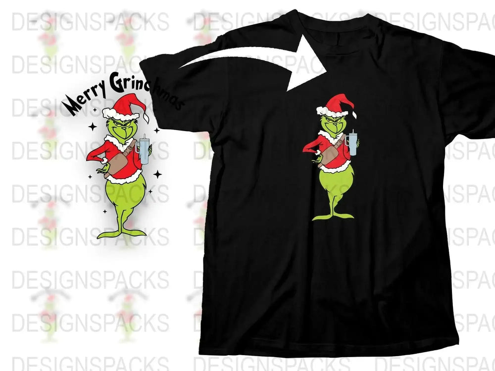 Funny Grinch T-Shirt, Merry Grinchmas Holiday Tee, Christmas Santa Hat, Black Unisex Shirt