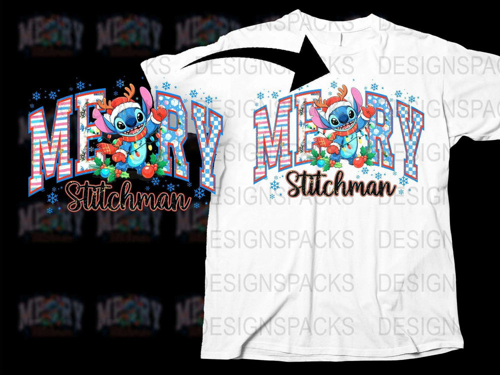 Merry Stitchman Christmas T-Shirt, Festive Holiday Graphic Tee, Family Party Wear, Casual Holiday Outfit