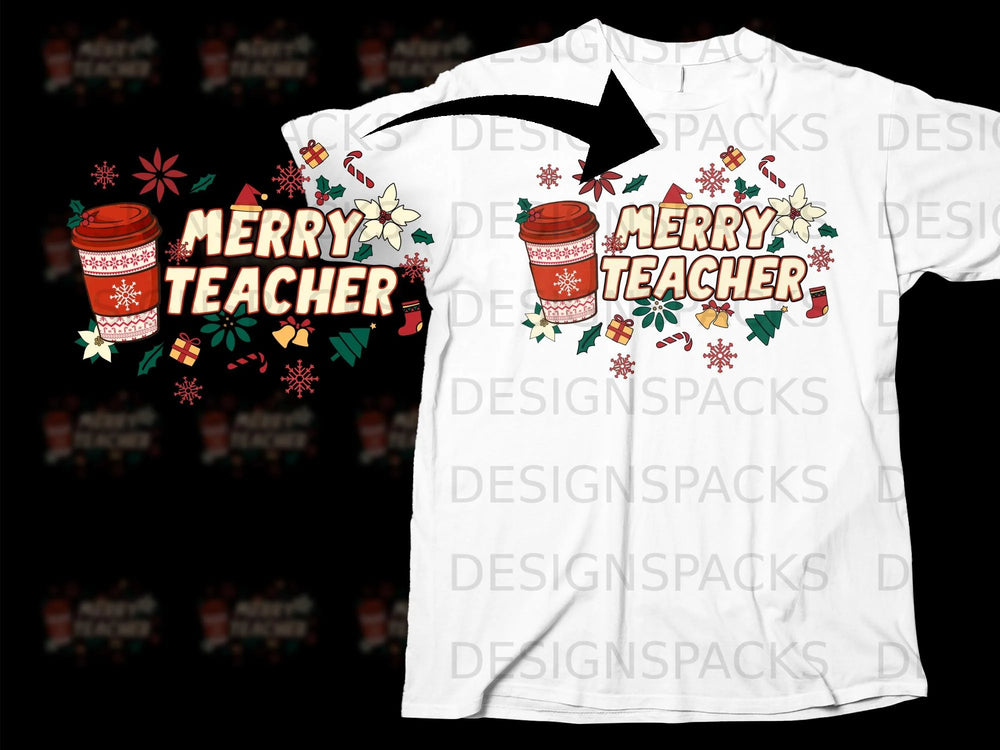 Christmas coffee cup and snowflakes graphic with "Merry Teacher" text.