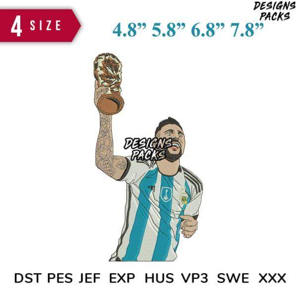 Embroidery design of soccer player in Argentina jersey holding trophy, available in 4 sizes & multiple formats