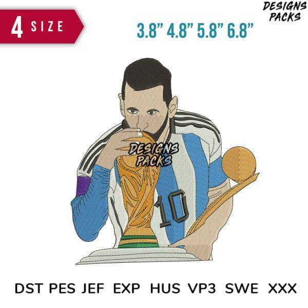 Embroidery design of soccer player in Argentina jersey holding trophy, available in multiple sizes and formats