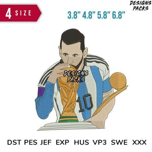 Embroidery design of soccer player in Argentina jersey holding trophy, available in multiple sizes and formats