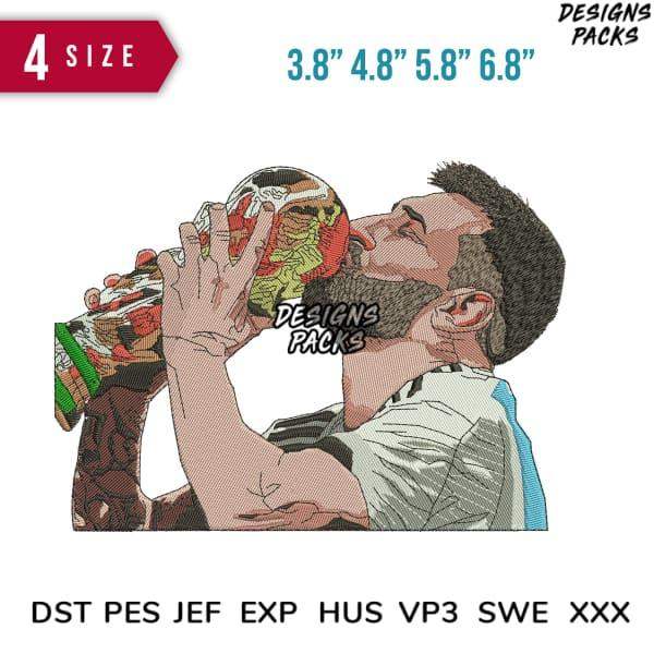Embroidery design of man drinking from colorful bottle, available in 4 sizes & formats like PES, DST, EXP for instant download