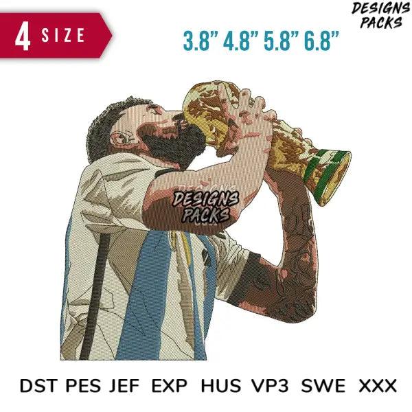 Messi Kissing Trophy B2 Embroidery Design 3.8" 4.8" 5.8" 6.8"