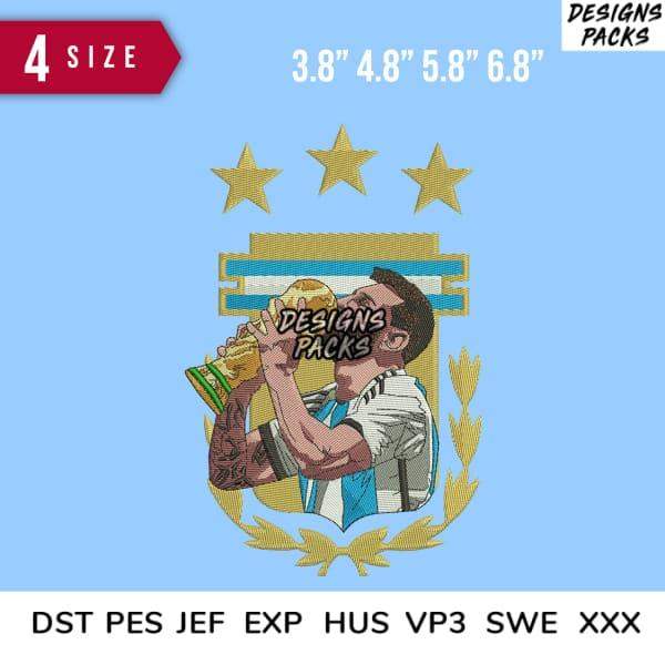 Embroidery design of soccer player kissing trophy, 4 sizes, PES DST formats, print-ready for apparel