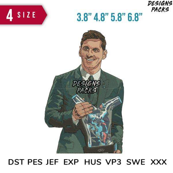 Embroidery design of man in suit holding bottle, available in DST PES JEF formats, 4 sizes