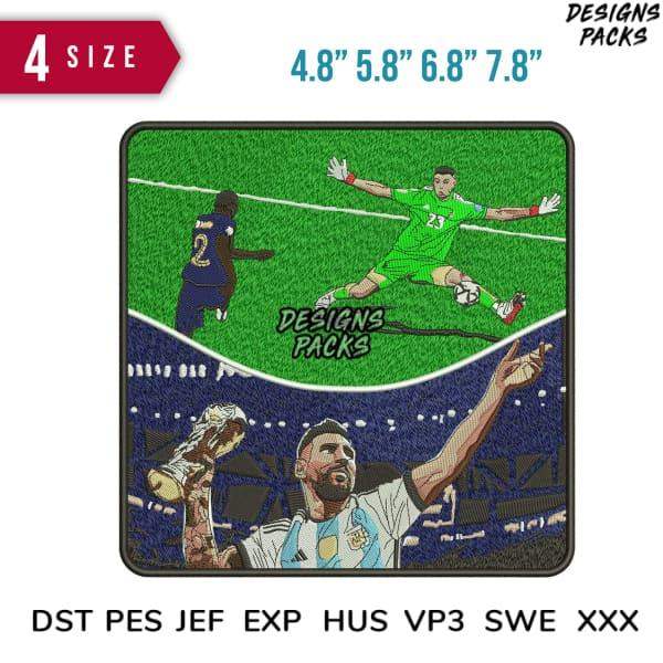 Soccer player celebrating with trophy, goalkeeper in action, embroidery design for sports fans