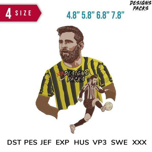 Soccer player embroidery design in yellow black stripes, 4 sizes, DST PES JEF formats