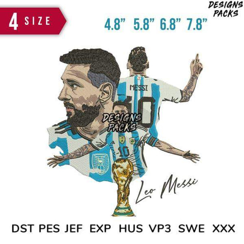 Leo Messi embroidery design in 4 sizes, featuring Argentina jersey, World Cup trophy, and signature, available in DST PES formats