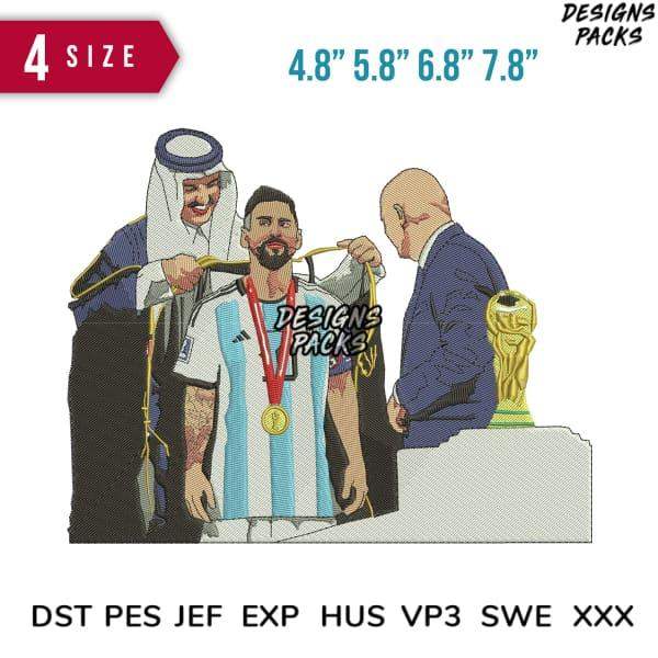 Messi receiving medal embroidery design in 4 sizes, DST PES JEF formats for instant download