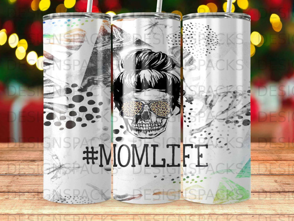Messy Bun Skull Leopard Sunglasses #Momlife Tumbler Digital Wrap Design