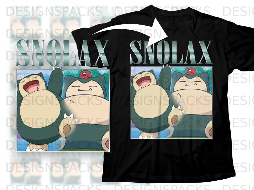 Black t-shirt with "SNOLAX" text and two Snorlax illustrations.
