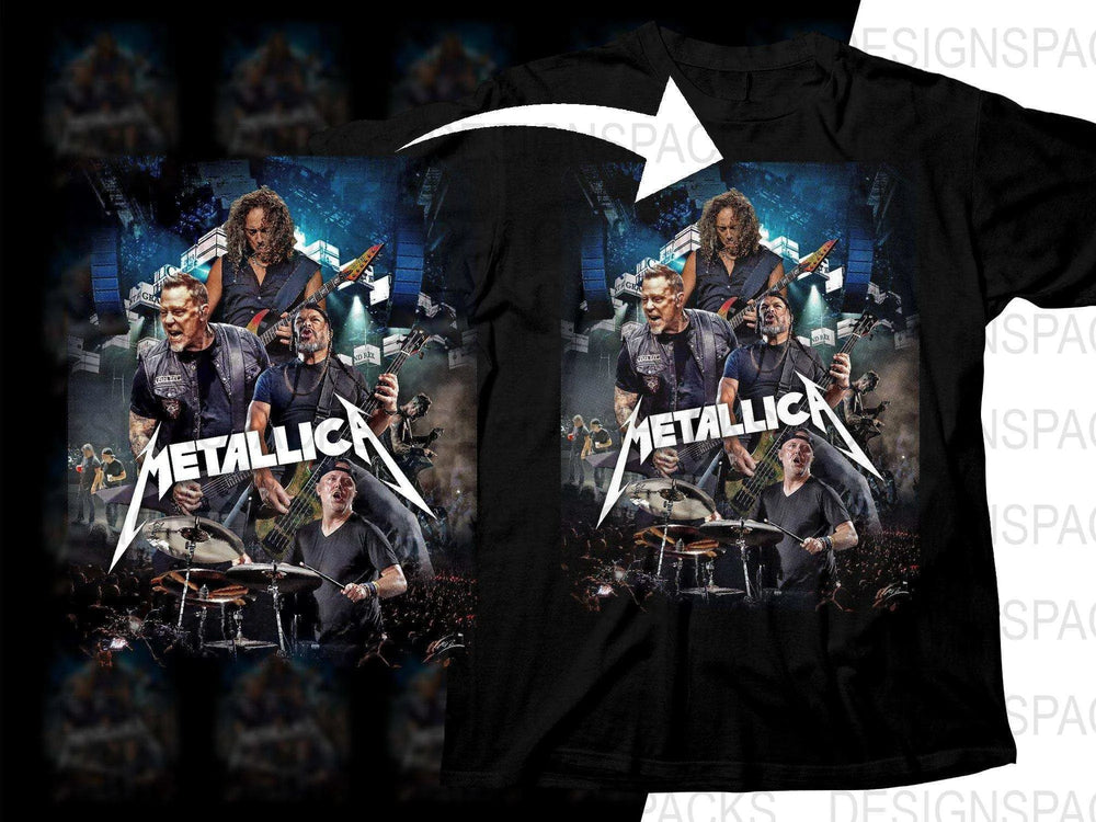 Metallica band concert design on black t-shirt, print-ready for DTG or DTF