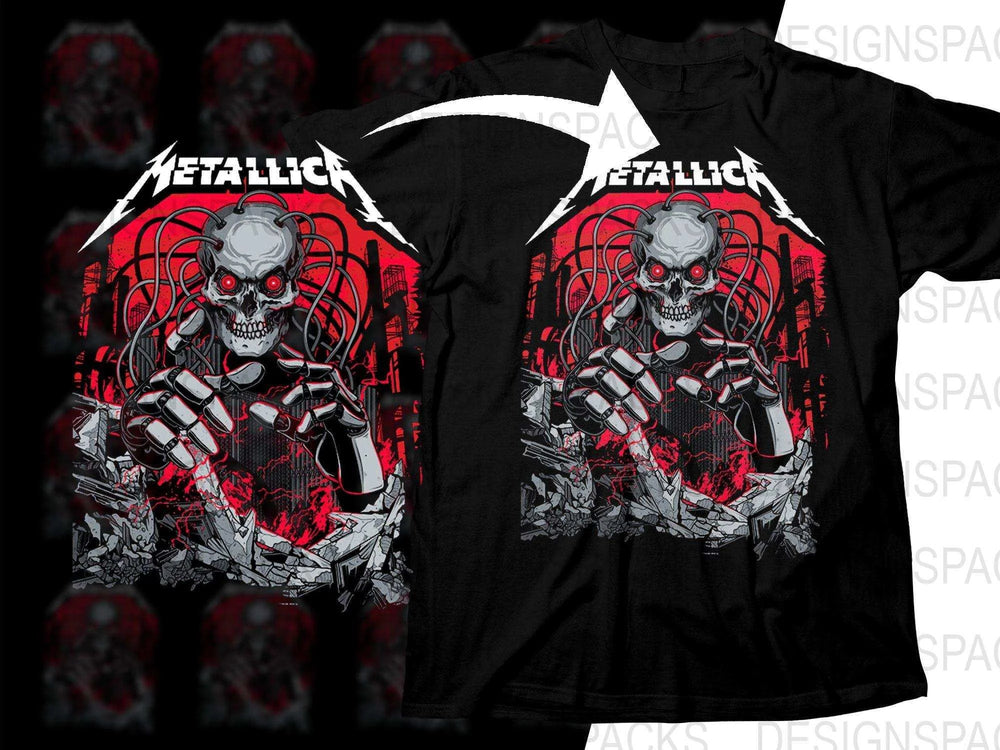 Metallica t-shirt design with robotic skull, red eyes, and industrial background for DTG printing