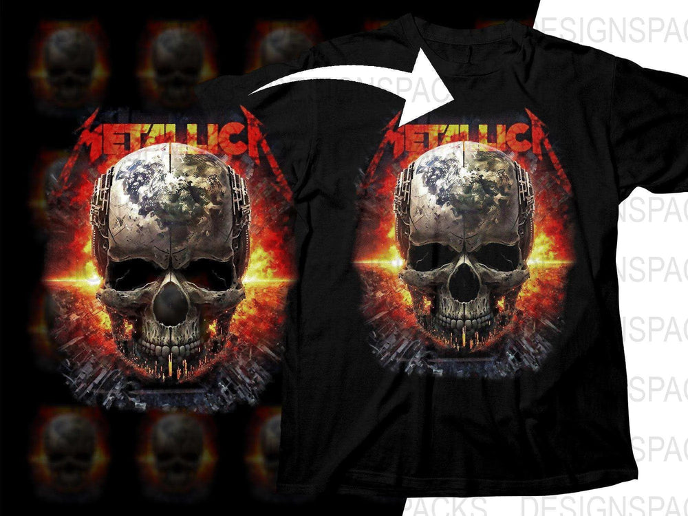 Metallica Skull And Earth Art With Flames Rock Band Png Halftone Digital Download