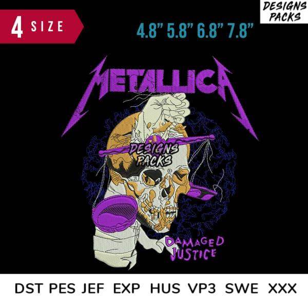 Metallica Damaged Justice skull design in purple & gold, 4 sizes, embroidery formats DST PES JEF