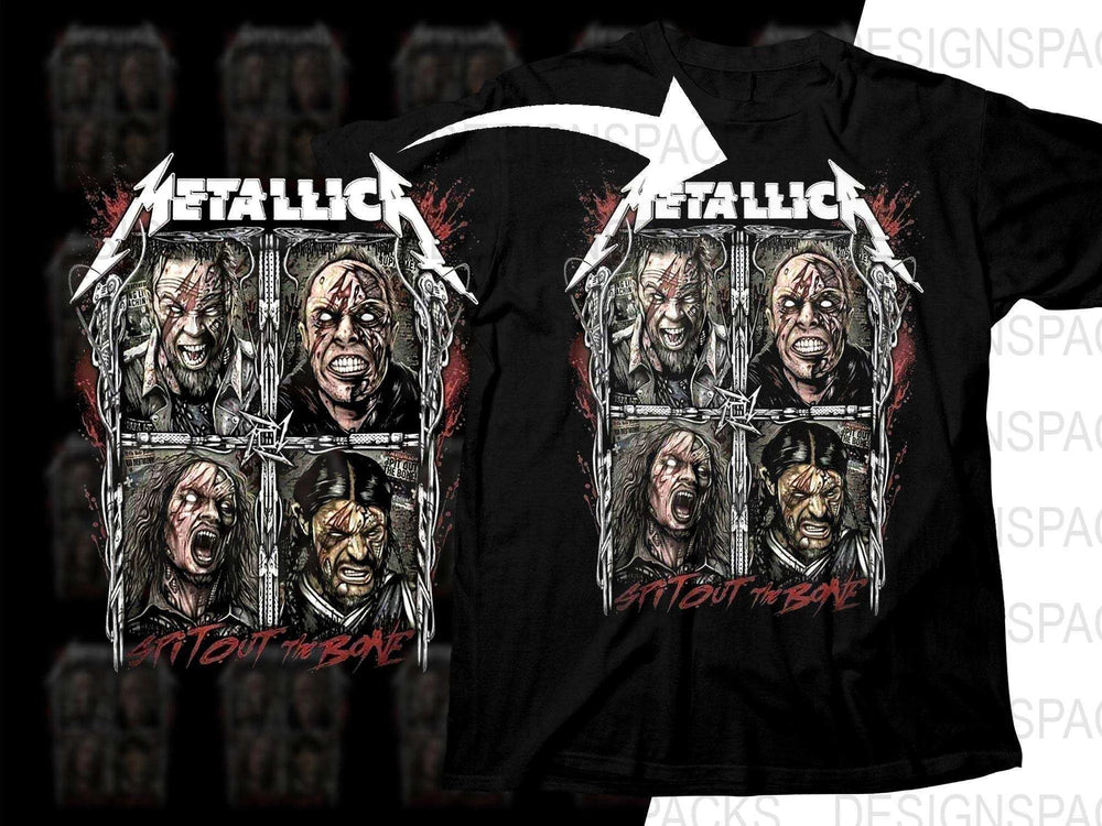 Metallica 'Spit Out the Bone' t-shirt design with band members and bold graphics
