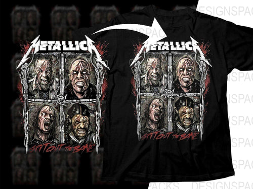 Metallica 'Spit Out the Bone' t-shirt design with band members and bold graphics