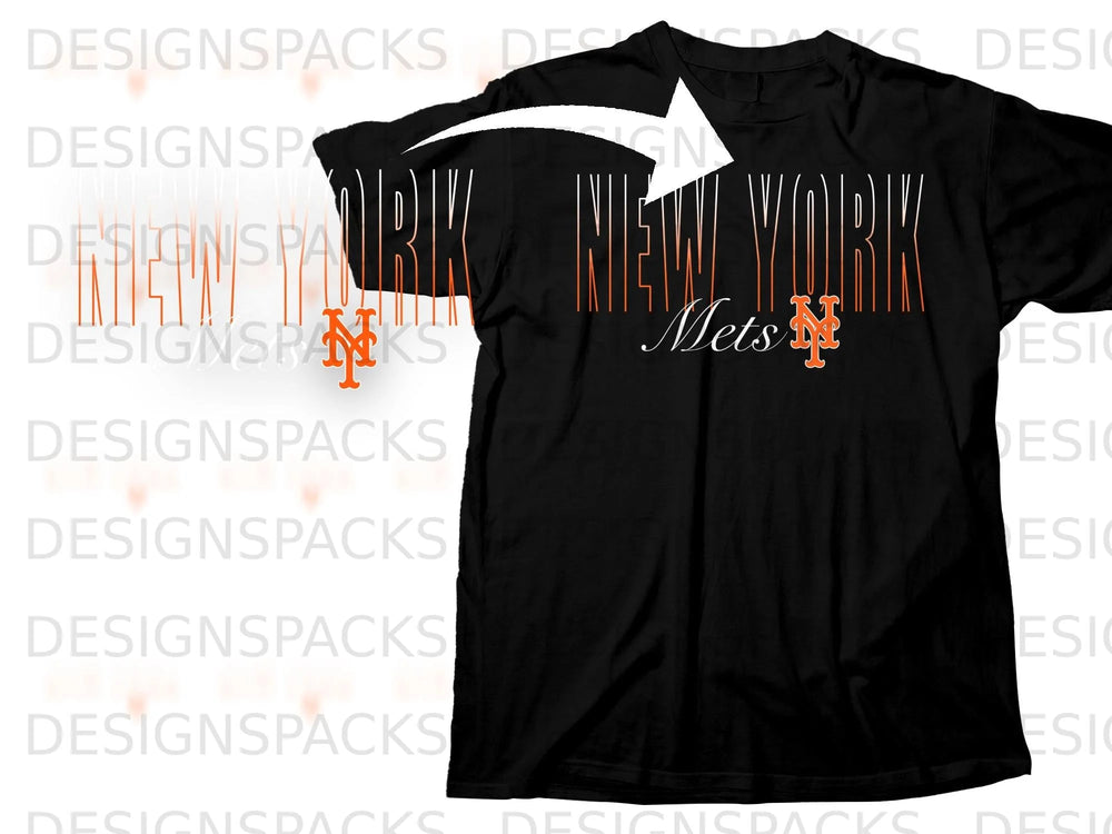 Black t-shirt with "New York Mets" stylized text and team logo.