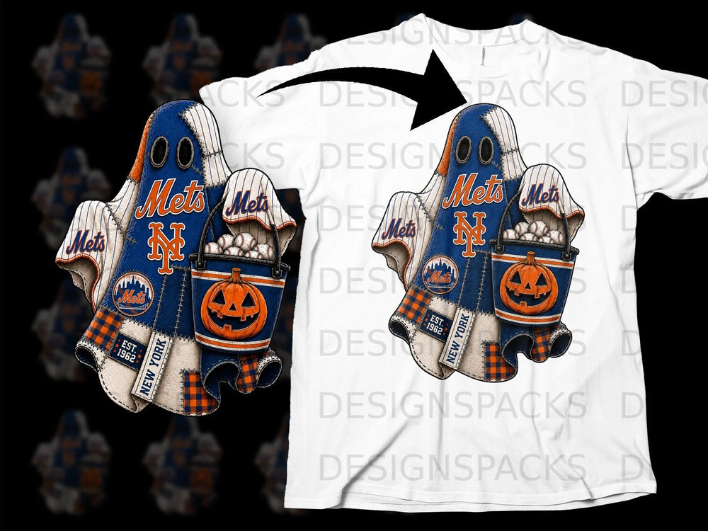 New York Mets ghost holding baseballs and pumpkin bucket, "Est. 1962" and "New York" text.