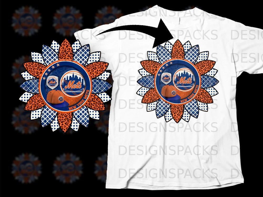 Sunflower design with New York Mets logo and baseball cap on a white t-shirt.