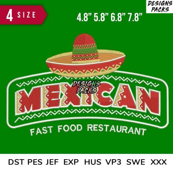 Mexican fast food restaurant embroidery design with sombrero, available in 4 sizes and multiple formats