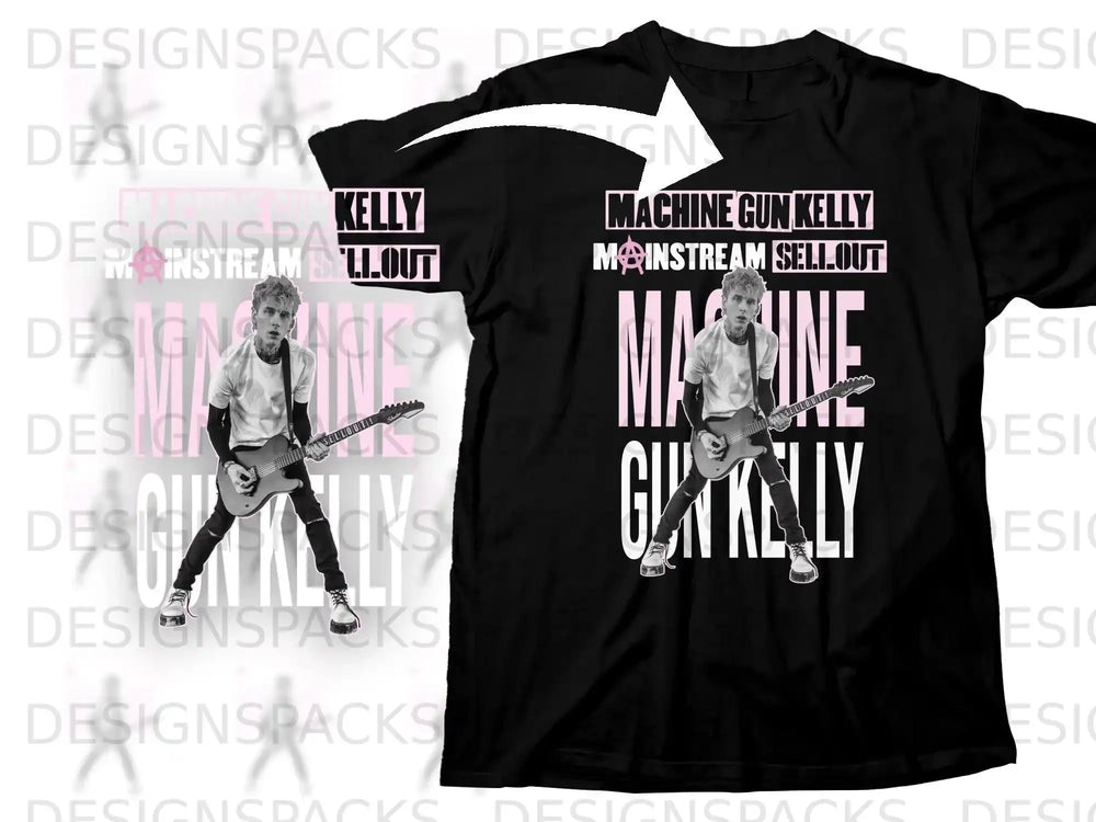 Black t-shirt with "Machine Gun Kelly Mainstream Sellout" text and graphic.