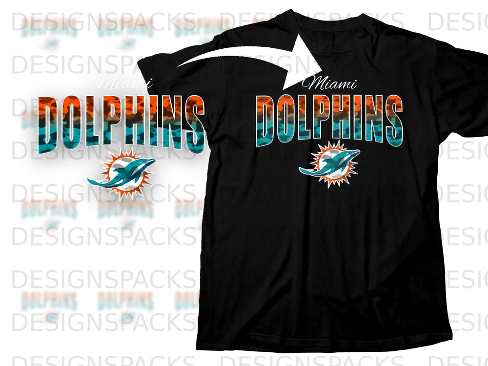 Black t-shirt with Miami Dolphins logo and text.