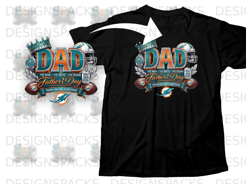 Black t-shirt featuring "DAD" graphic with crown, helmet, watch, and footballs.
