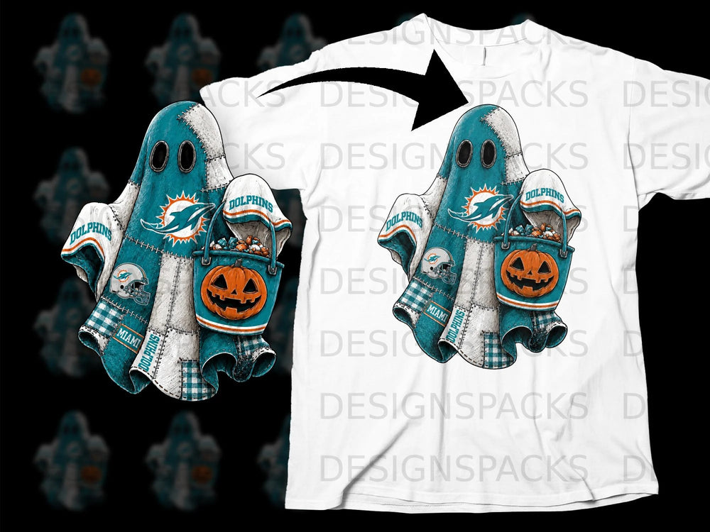 Miami Dolphins ghost with pumpkin bucket on a white t-shirt.