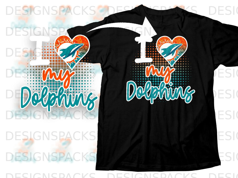 Black t-shirt with "I Love My Dolphins" text and logo graphic.