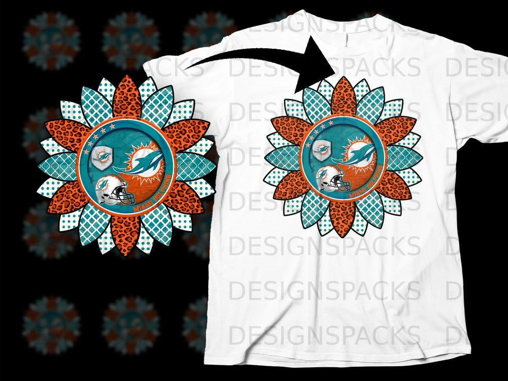 Miami Dolphins sunflower logo with leopard print and teal diamond patterns.