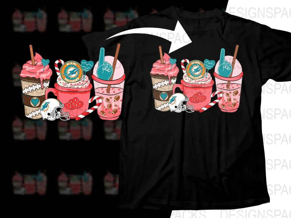 Miami Dolphins themed t-shirt with pink drinks, football helmet, and candy cane design