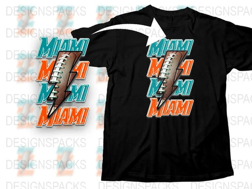 Miami Football T-Shirt, Sports Team Fan Apparel, Black Cotton Tee, Miami Orange and Teal Design