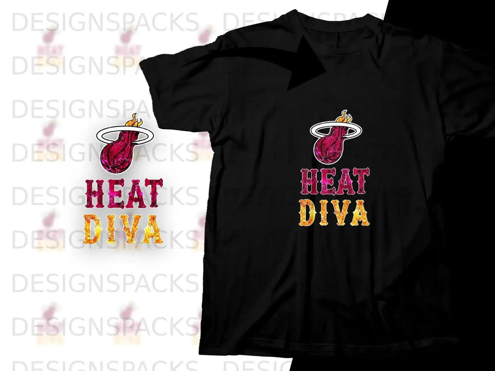 Black t-shirt with "Heat Diva" text and flaming basketball logo.