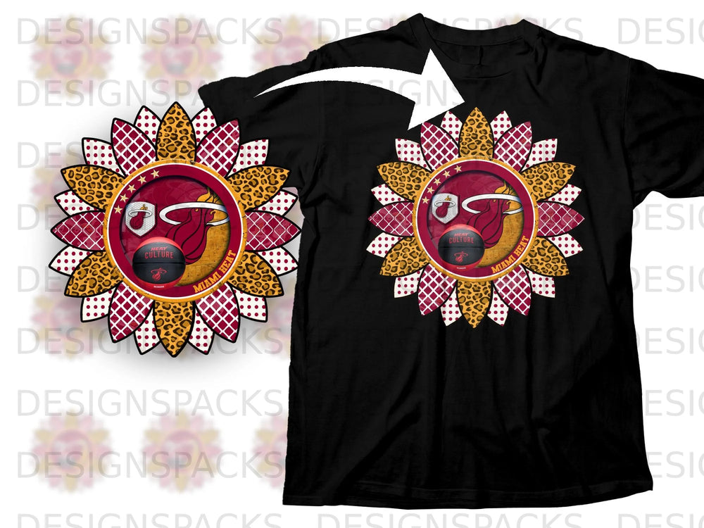 Miami Heat sunflower graphic with leopard print and checkerboard petals, t-shirt not included.