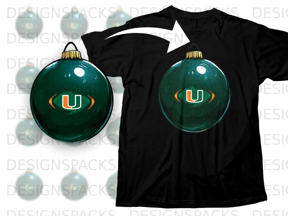 Green ornament with white and orange U logo on black t-shirt.