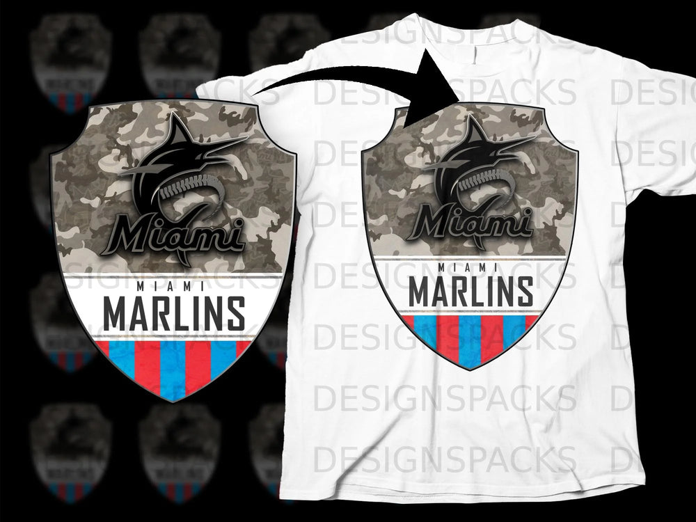 Miami Marlins logo with camouflage background on a white t-shirt mockup.